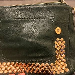 Green genuine leather with beautiful gold buttons all over and long strap